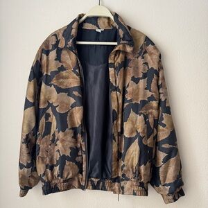 Silk Jacket COACO Unisex Adult M Black Brown Leaves Bomber Full Zip Vintage